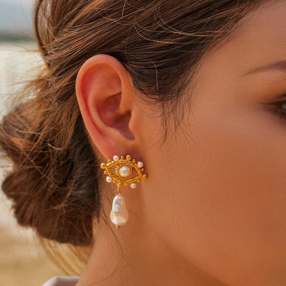 5pcs 8K Gold Stainless Steel Zircon Inlaid Devil's Eye Flower Love Combination Temperament Female Earrings