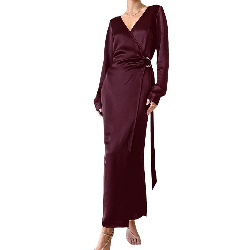 Burgundy Thin Soft Matte Color T-Neck Wrap Dress New Autumn Fashion Dress