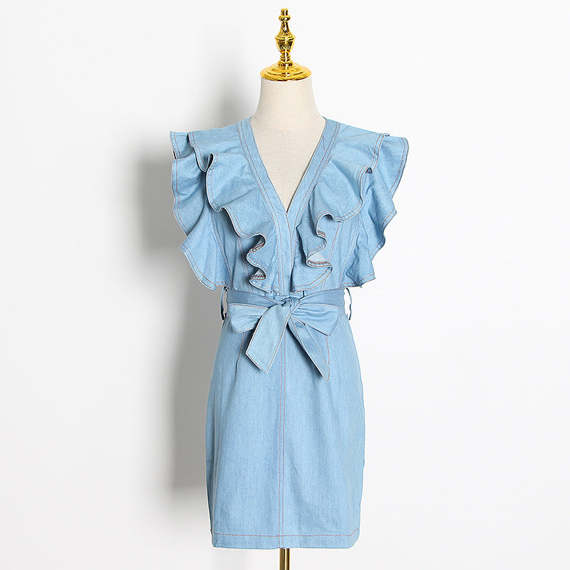 Spring Style Women's Collage Denim Sleeveless V-Neck Wrap Hip Skirt Dress