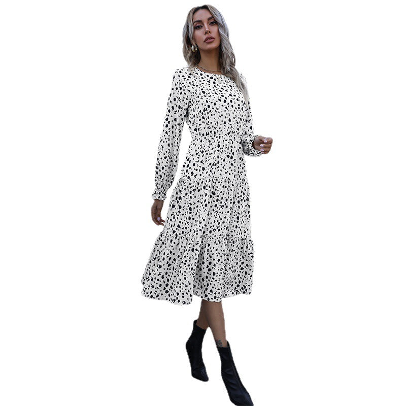 Retro Women's Autumn And Winter Slim Leopard Print Long-Sleeved Dress In The Long Style