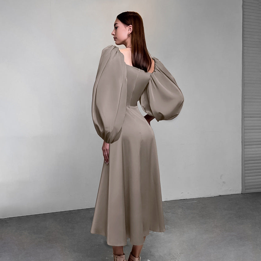 Spring Sexy Temperament Sense Party Evening Dress Fashion Color Satin Satin Square Neck Puffy Sleeve Dress
