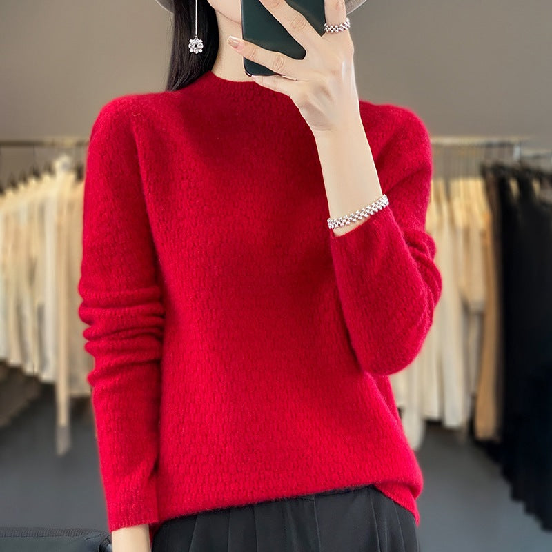 Autumn And Winter Knitted Pure Woolen Sweater Female Half Turtleneck Hollowed Out Loose Pullover Sweater Slimming Top Base Shirt