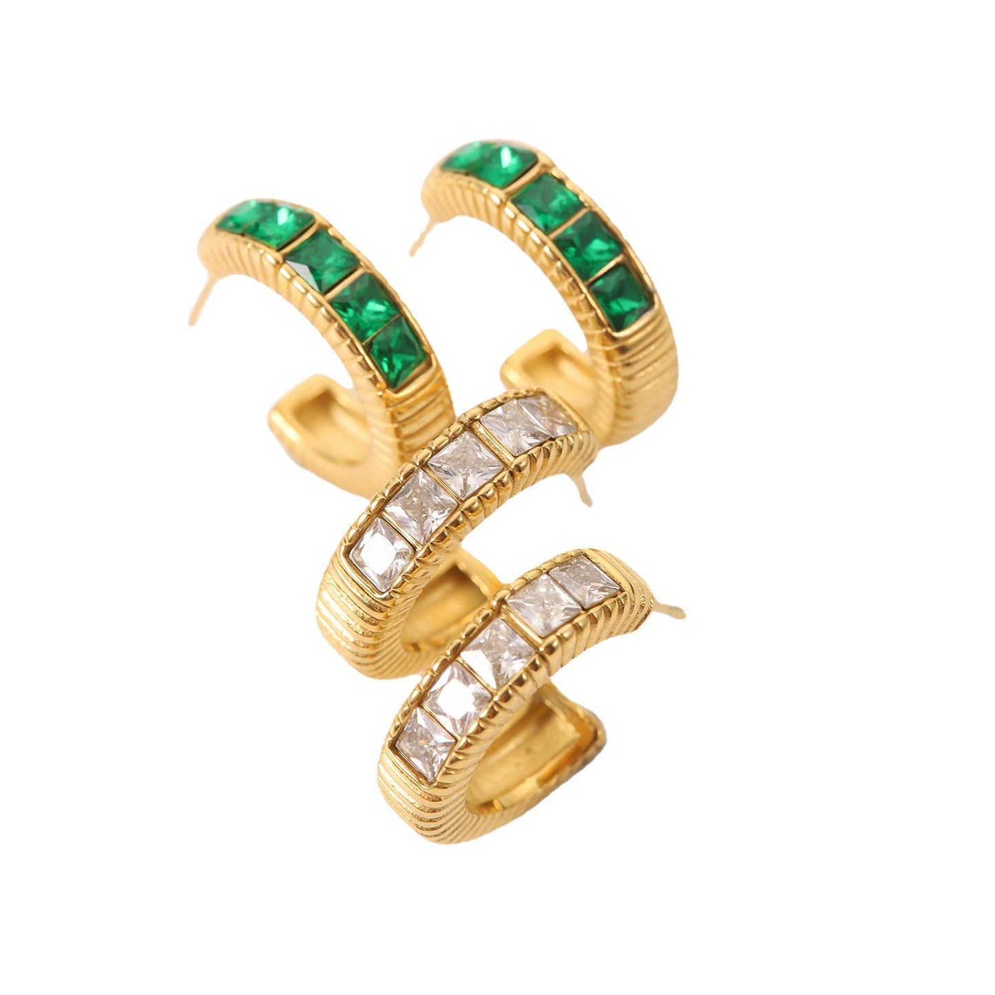 5pcs Elegant Vintage 18K Gold Stainless Steel Five Square Green Zircon Inlaid Thread C-Shaped Earrings Jewelry Women