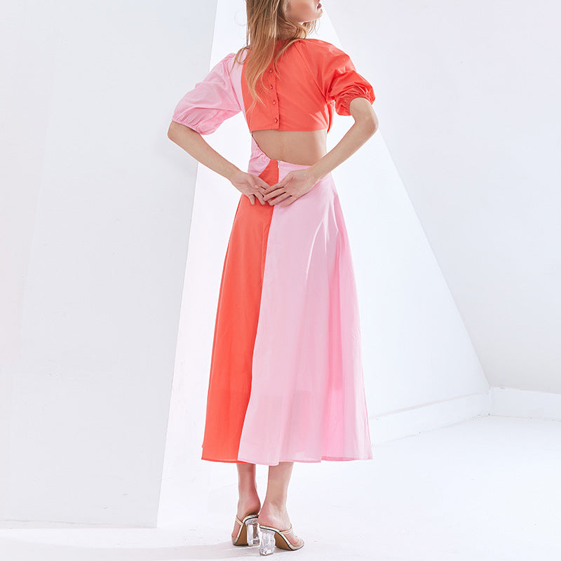 Fashion Spring New Fashion Temperament Sexy Waist-Contrasting Short-Sleeved Mid-Length Dress
