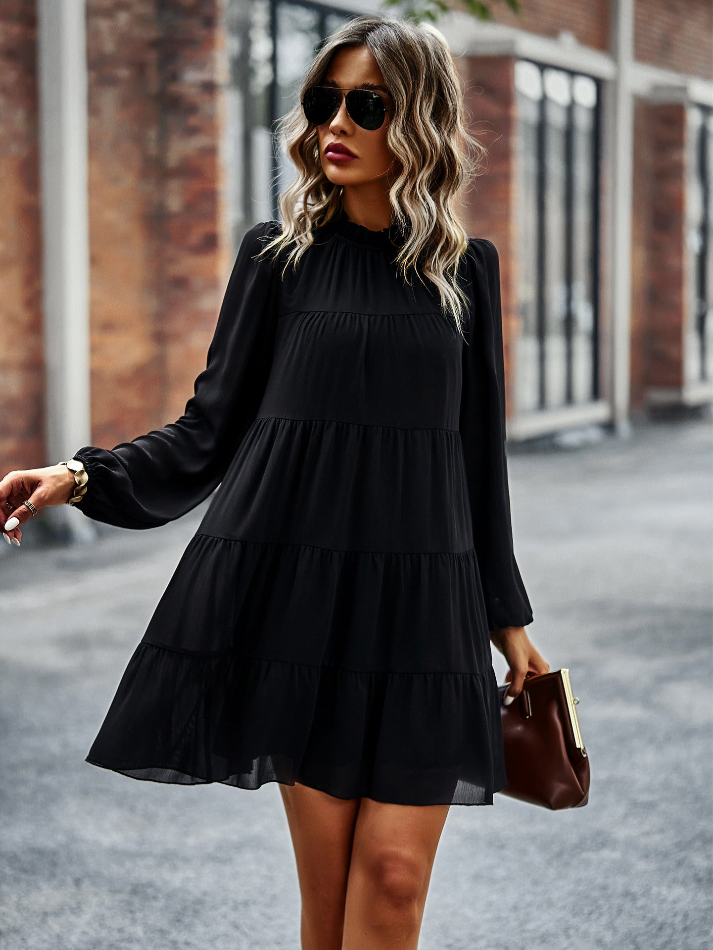 Round Neck Long Sleeve Loose Dress Spring And Autumn Seasons Casual A-Line Skirt Temperament