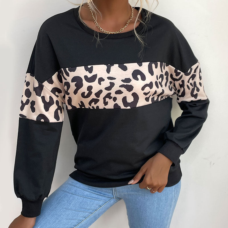 Early Autumn New  Women's Pullover Splicing Round Neck Black Leopard Print Hoodie