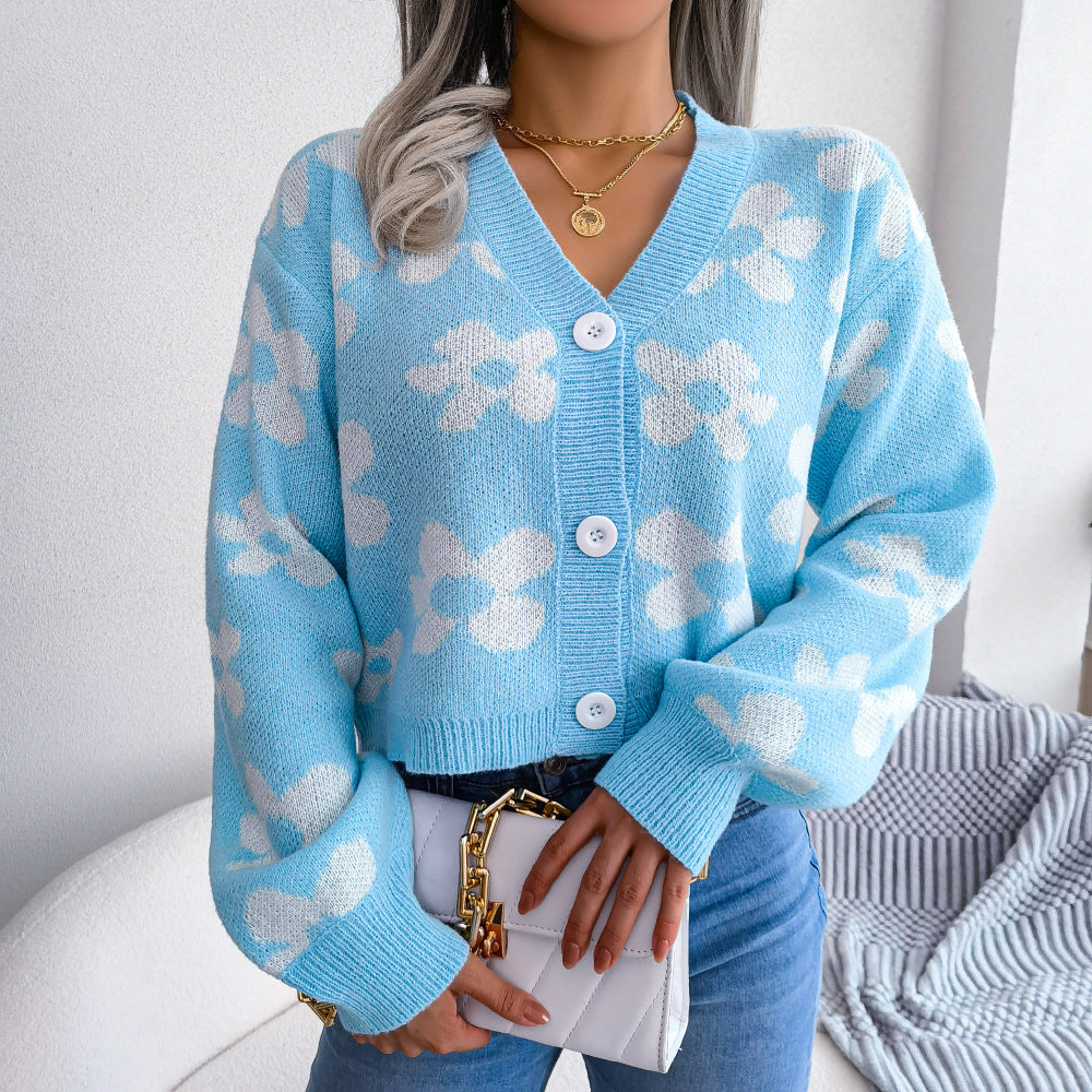 Wind Autumn And Winter Fashion Color Contrast Flowers Lantern Sleeve Cardigan Sweater Coat Women's Wear