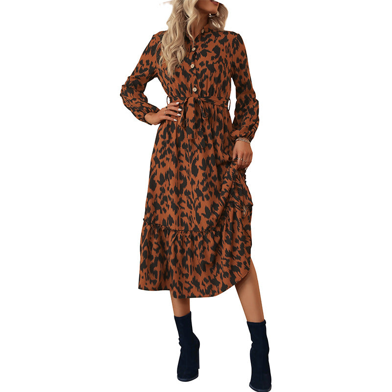 New Spring New Fashion Women's Stand Collar Long Sleeve Temperament Leopard Dress Women