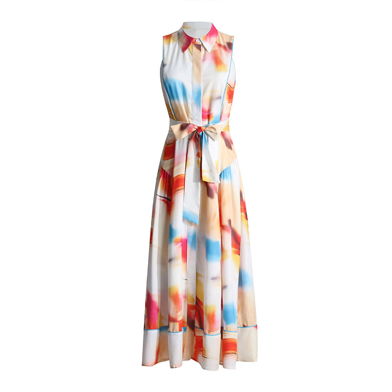 Spring New Fashion Lapel Small Print Temperament Lace-Up Waist Long Dress Women