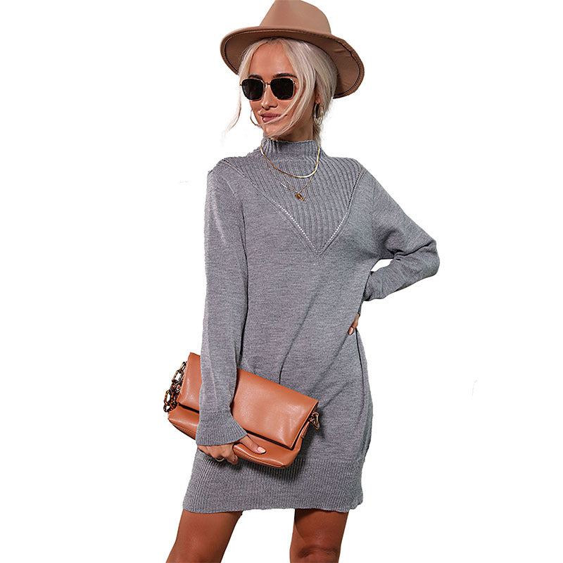 New Autumn And Winter Fashion Women's Long-Sleeved Solid Color Half Turtleneck Sweater Dress
