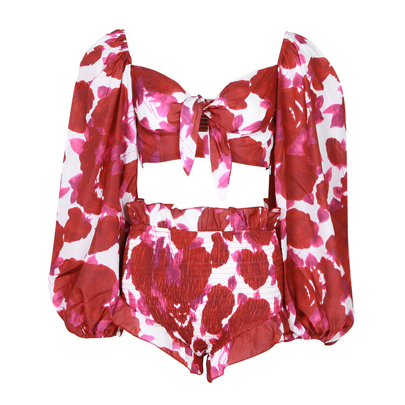 New Fashion Small Print Puff Sleeve Short Top And Stretch Shorts Two-Piece Suit Woman