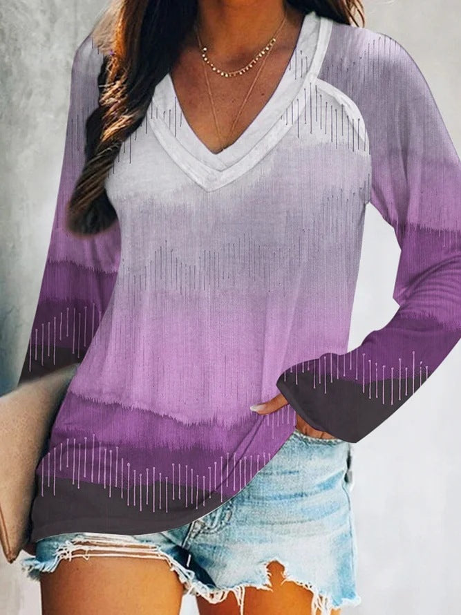 Autumn And Winter Women's Tie Dye Gradual Print V-Neck Long Sleeve T-Shirt Woman
