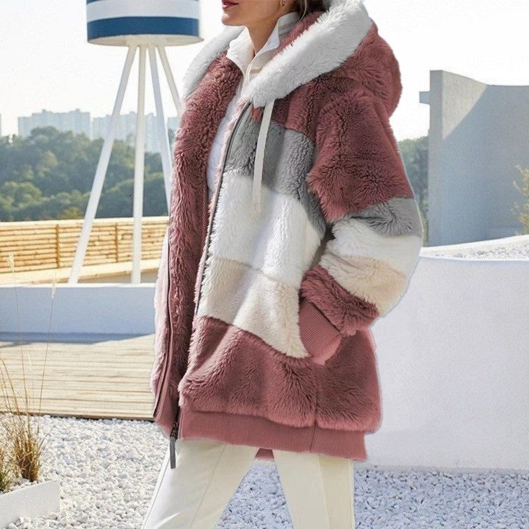 Autumn And Winter Warm Plush Patchwork Zipper Pocket Hooded Loose Coat Women