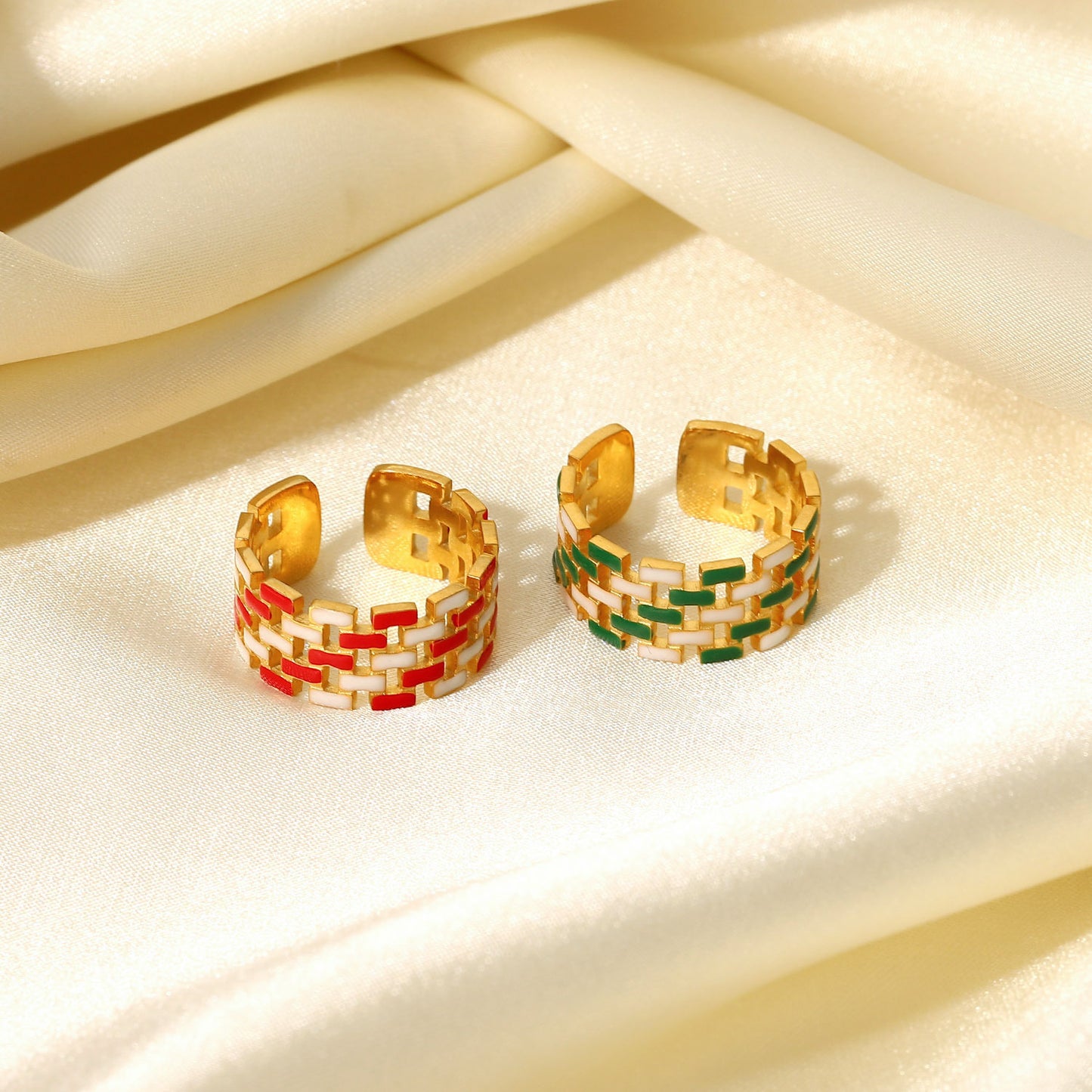 5pcs 18K Gold Adjustable Jeweled Open Ring Red White/Green White Interval Drop Oil Woven Zipper Chain Enamel Ring Lady
