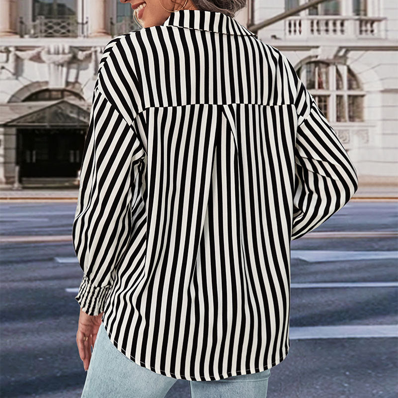 New Tops Long-Sleeved Black And White Striped Shirt Women