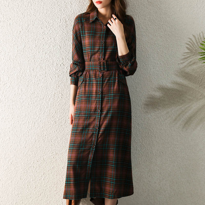 Fleece Plaid Lace-Up Waist Display Two Kinds Of Wear Coat Retro Dress