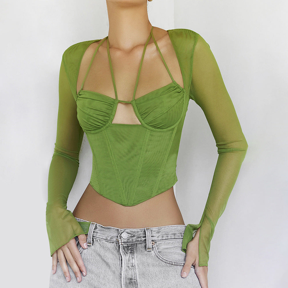 Women's Sexy Gauze Long Sleeve Corset Hollow Out Navel Irregular Spice Girl Fishbone Top Female