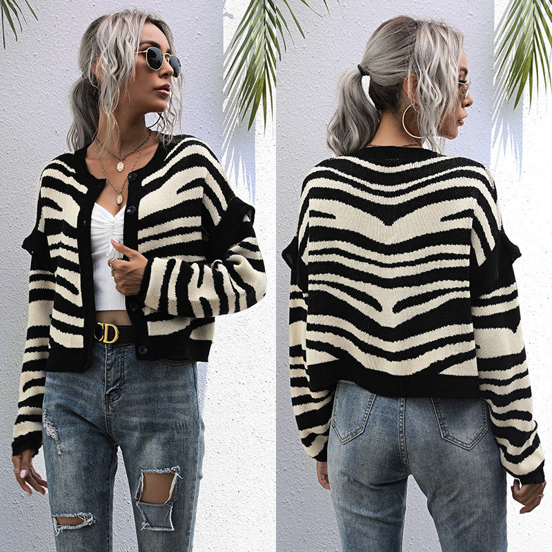 Lazy Autumn Zebra-Print Cardigan Knit Sweater Short Coat Women