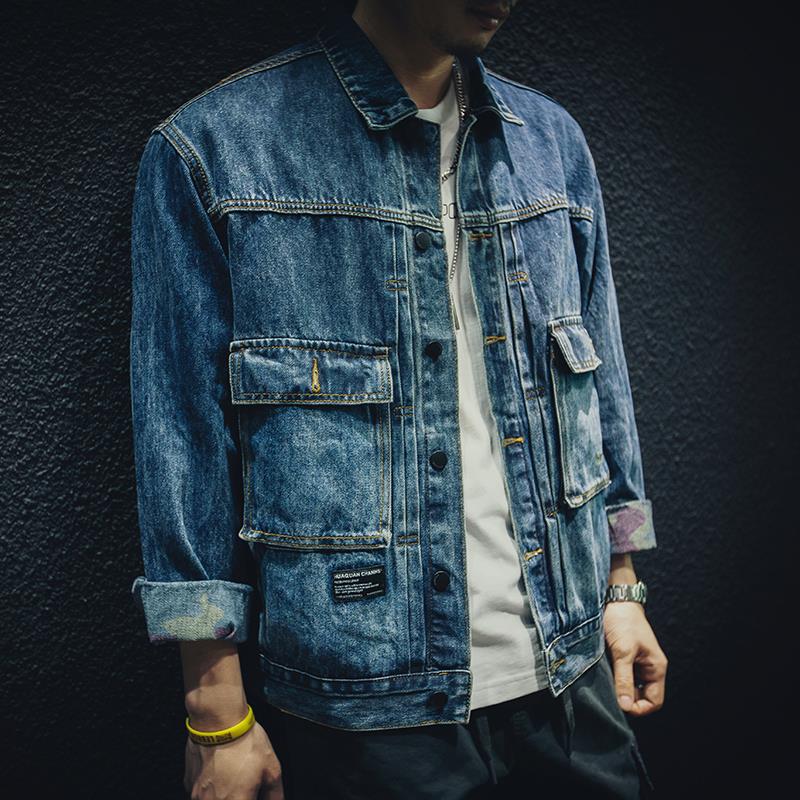 Spring And Autumn Denim Coat Men Loose Fashion Cargo Jacket Large Size Black Denim Clothing Tide