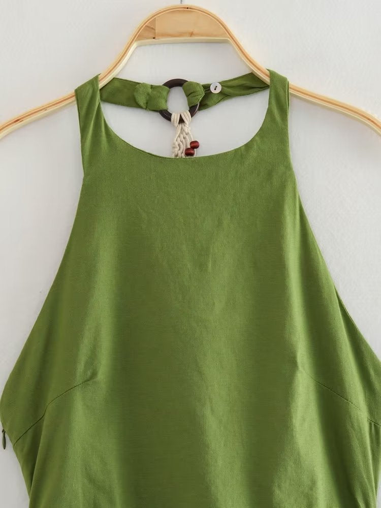 Wind Summer Women's New Green Fringe Decorated Linen Halter Dress