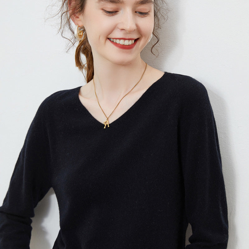 Women's 100 Wool Base Sweater V-Neck Knitted Loose Cashmere Sweater Slimming Autumn And Winter Top