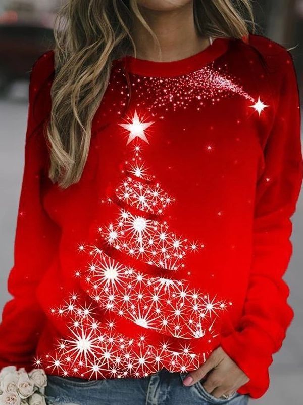 Autumn And Winter Christmas Print Round Neck Pullover Long Sleeve Fleece Hoodie Woman