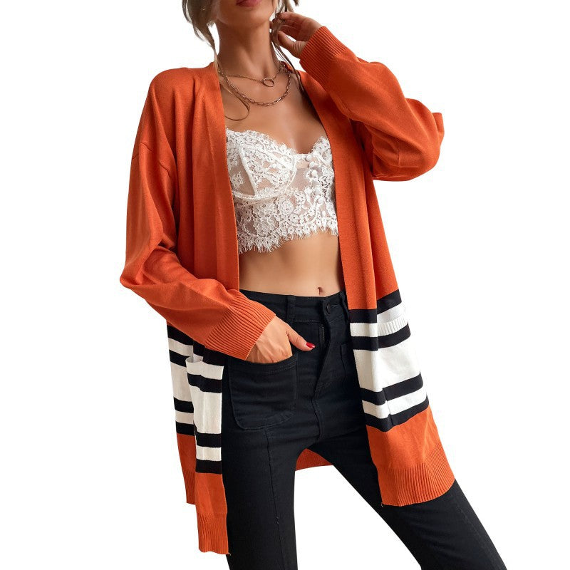 Autumn Fashion Women's Long-Sleeved Color Matching Long Sweater Cardigan