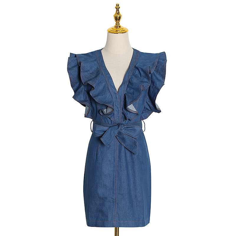 Spring Style Women's Collage Denim Sleeveless V-Neck Wrap Hip Skirt Dress