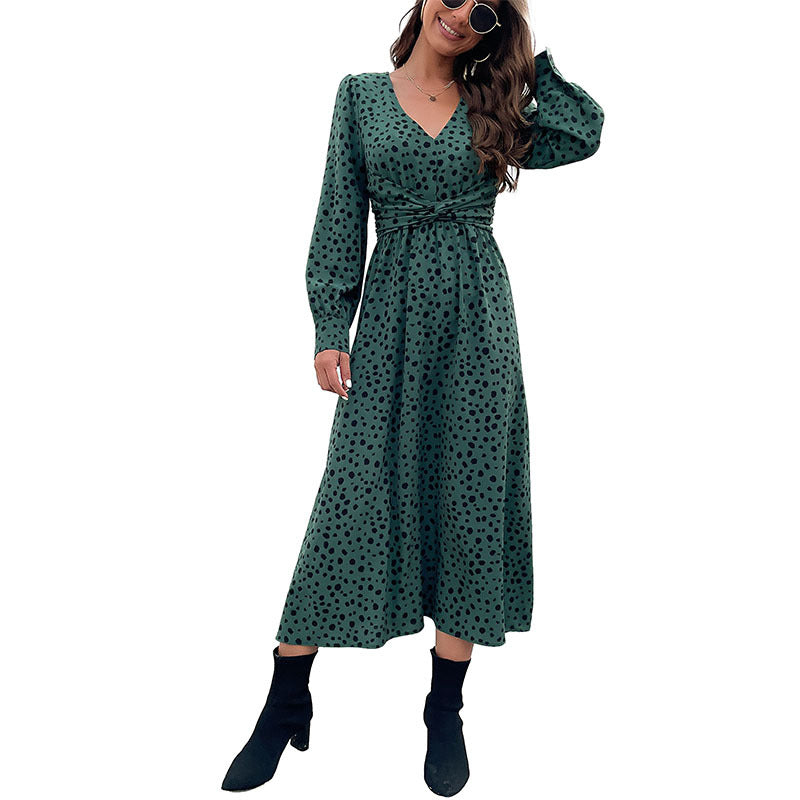 Fashion Women's New Green Long-Sleeved Leopard Print Long Dress