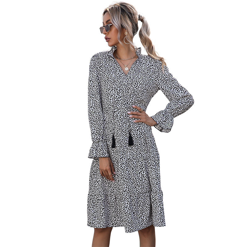 Women's Dress Fashion Print Half High Neck Leopard Print Black Dress Women