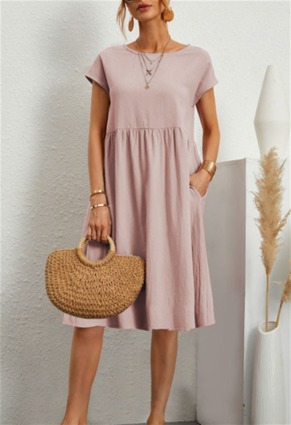 Fashion Ol Quality Women's Solid Color Cotton Linen Round Neck Set A-Line Skirt Dress