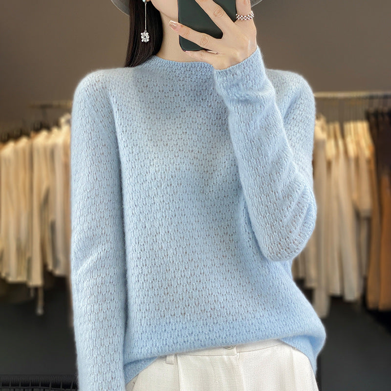 Autumn And Winter Knitted Pure Woolen Sweater Female Half Turtleneck Hollowed Out Loose Pullover Sweater Slimming Top Base Shirt