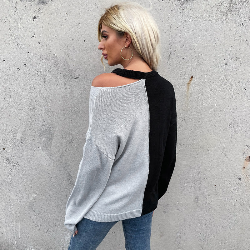Fashion Women's Casual Long-Sleeved Match Color Hollow Sweater Female Autumn Pullover