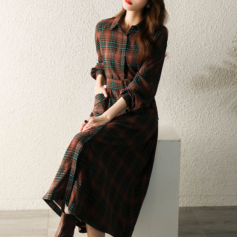 Fleece Plaid Lace-Up Waist Display Two Kinds Of Wear Coat Retro Dress