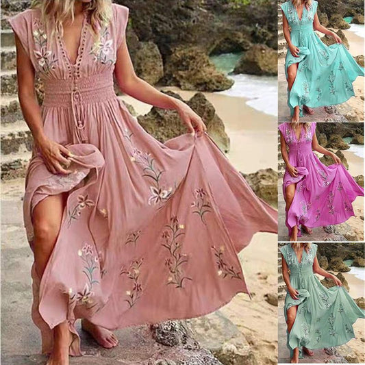 New Summer Women's V-Neck Beach Bohemian Print Dress