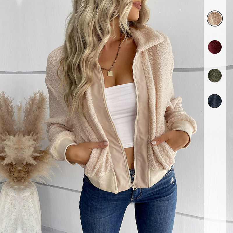 Autumn and Winter Women's Solid Color Lapel Lamb Wool Coat