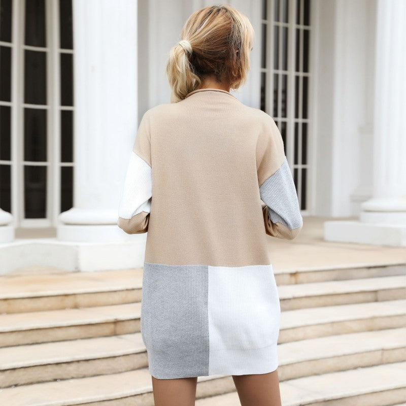 Autumn Women's Casual Long Sleeve Loose Sweater Dress with Chic Color Collocation