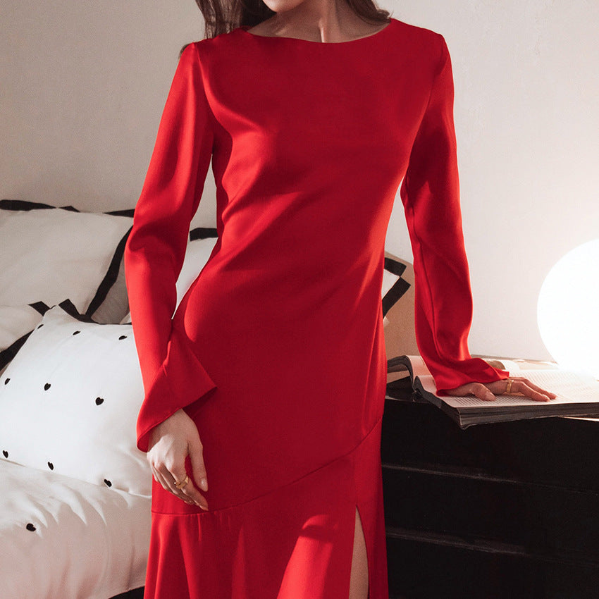 Sexy Acetate Color T-Horn Sleeve Side Slit Dress New Spring Fashion