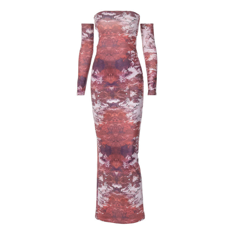 Private Dress Stretch Milk Silk Breast Long Dress Printed Backless Tight Bag Buttock Large Size Skirt