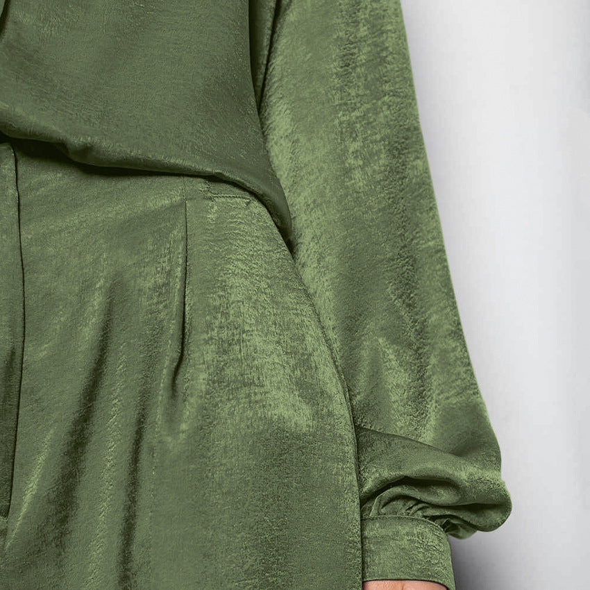 Green T-Lapel Puffy Sleeve Loose Casual Suit New Fall Fashion Two-Piece Set