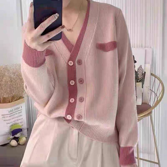 Small Fragrance Quality Double Breasted Knitted Cardigan Women's Design Sense Of Color Patchwork Small Soft Waxy Sweater Coat Top