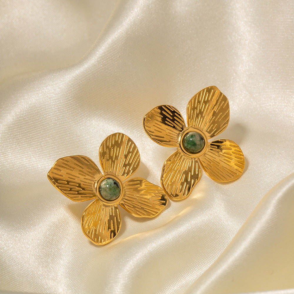 5pcs Palace 18-Karat Gold Radial Set With Natural African Turquoise Four-Petal Flower Earrings Design Sense Earrings