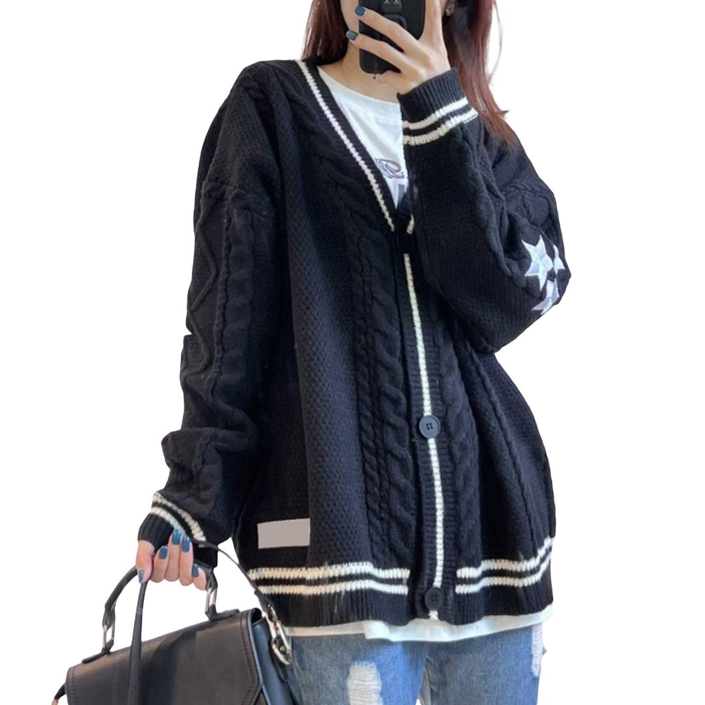 Autumn Winter Solid Color Long Sleeve Cardigan Feminine Commuter Batwing Knit Beige White Single Breasted Sweater Coat