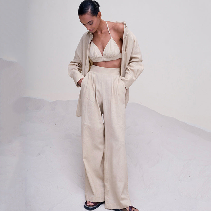 Summer Cotton Linen Women's Shirt Three-Piece Set Of Temperament Vest Straight Pants Design Sense Of Fashion Casual