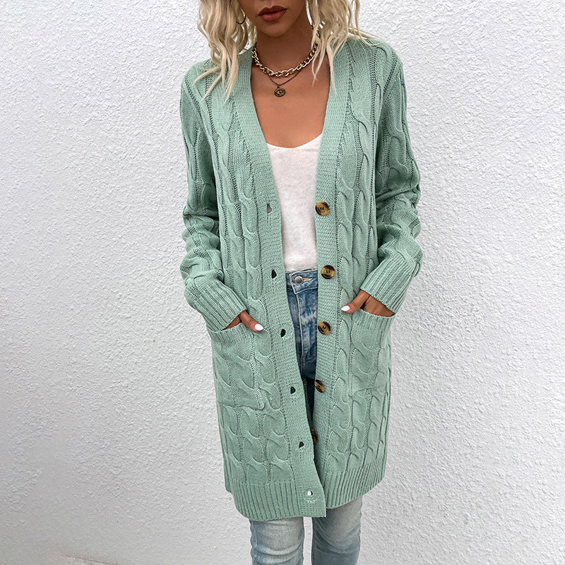 Drizzle Knitwear Autumn And Winter New Long Twist Sweater Women New Button Cardigan