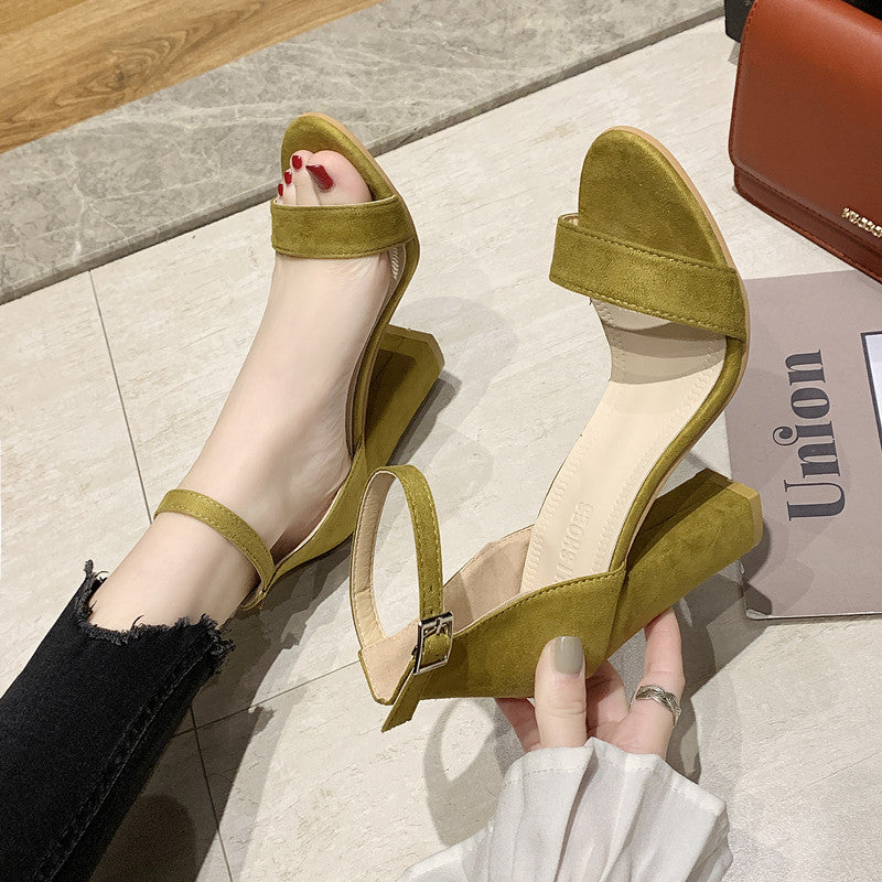 Summer New One Line Open Toe Sandals Women's Buckle Thick Heel High Heel Fish Mouth Sandals
