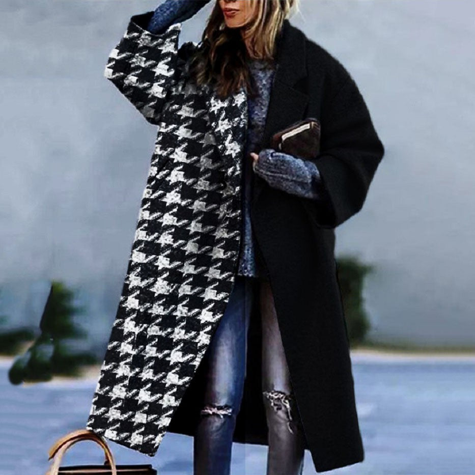 New Autumn Women's Long Sleeve Lapel Coat Printed Wool Long Coat