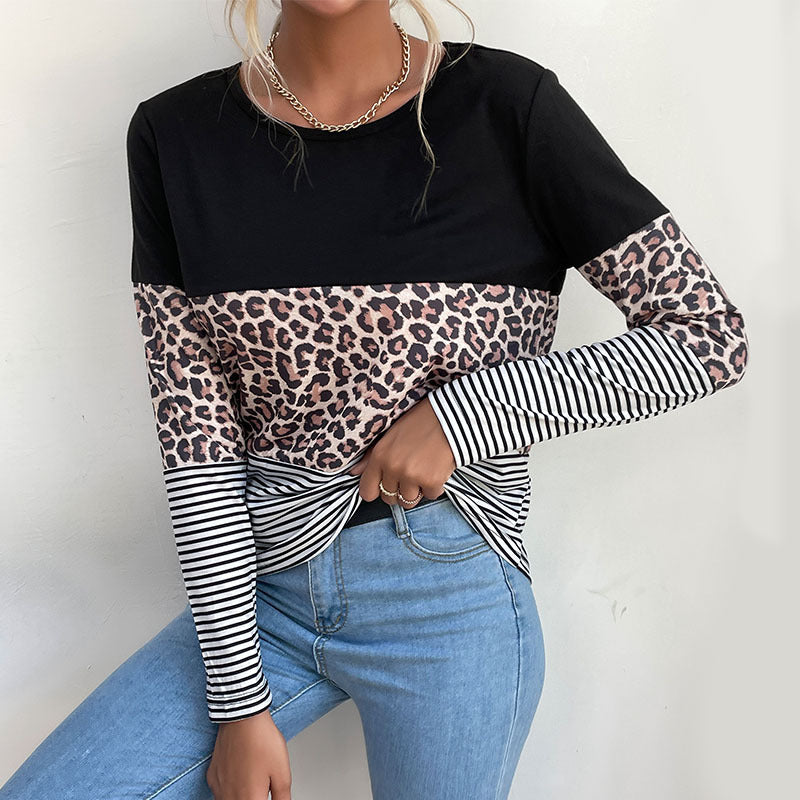 Autumn Contrast Color Leopard Print Round Neck T-Shirt for Women