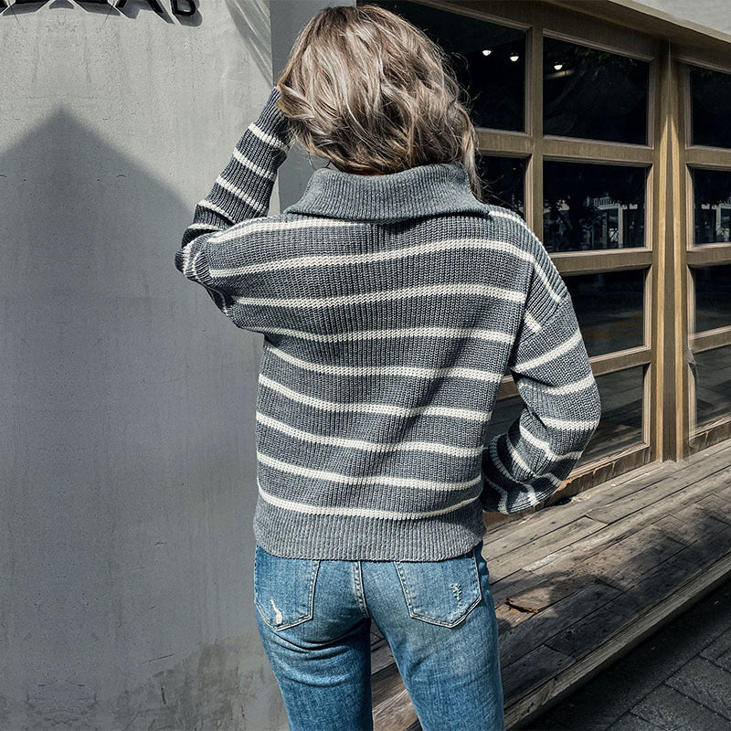 Autumn New Leisure Fashion Women's Long-Sleeve Lapel Striped Sweater