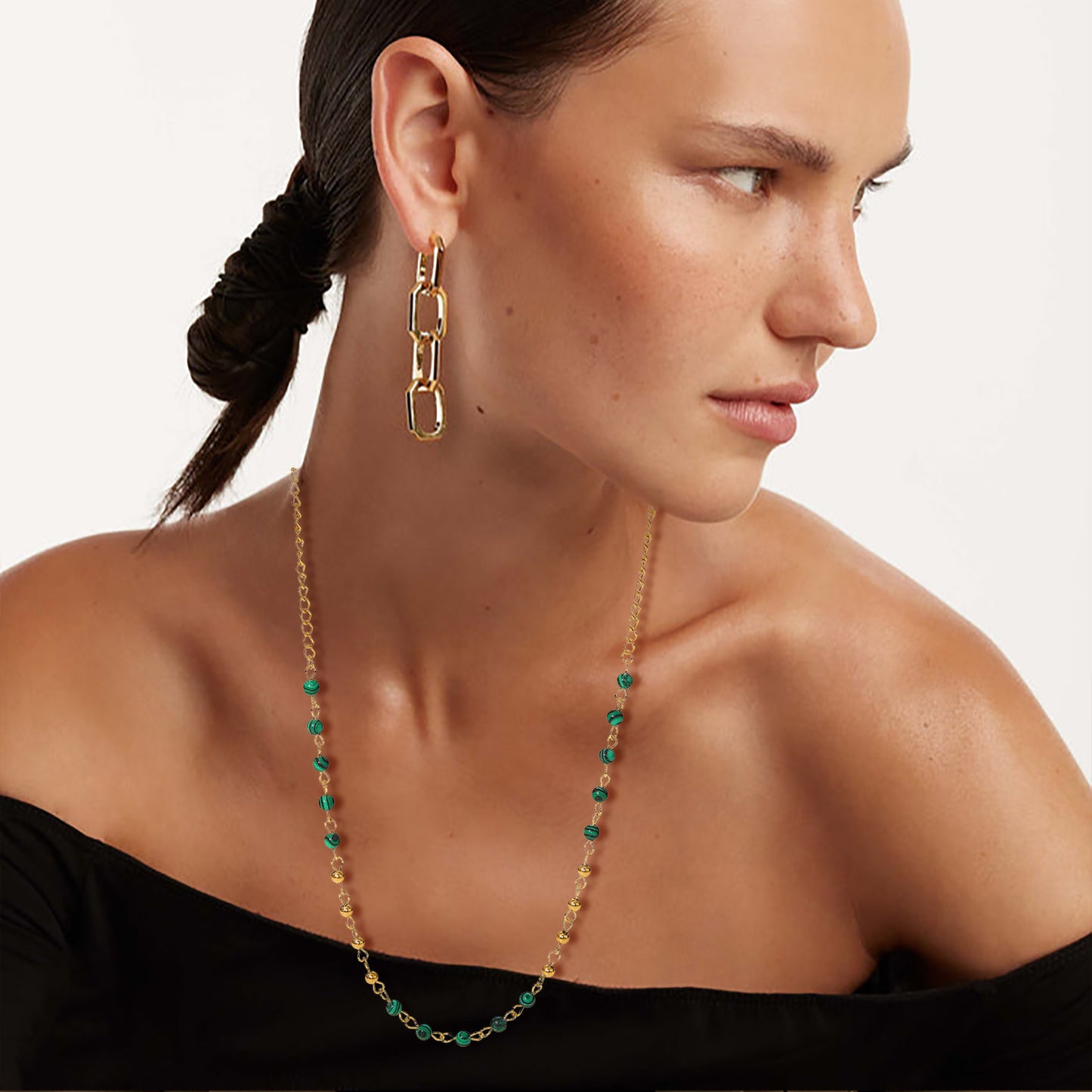 5pcs Fashion Style Collar 18K Gold Small Round Bead Stainless Steel Necklace Green Peacock Stone Round Bead Vintage Necklace Women